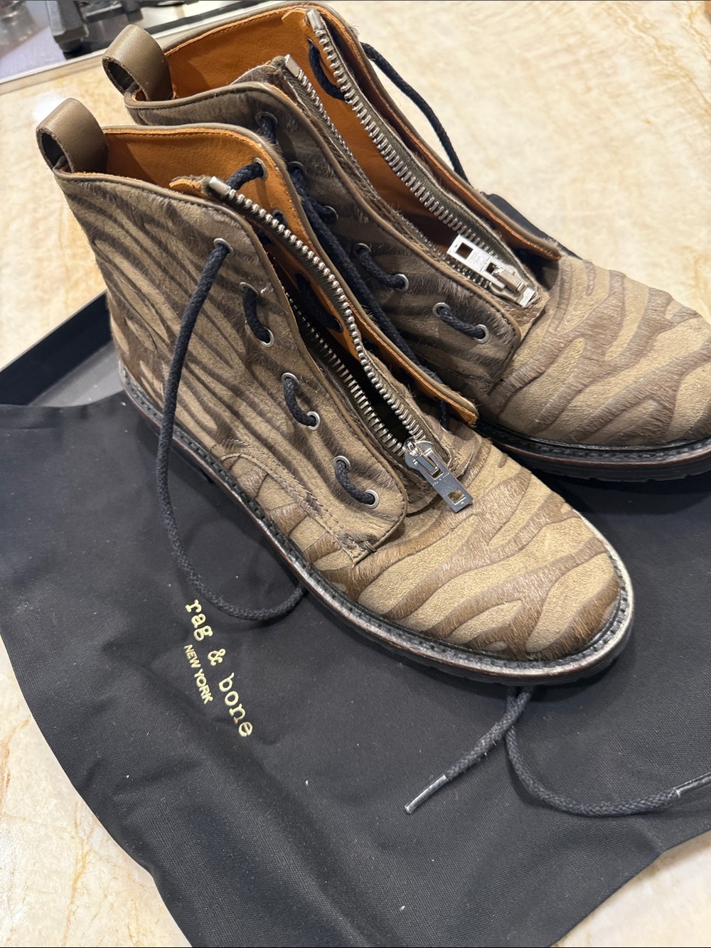 rag & bone Tan Zebra-Print Leather Lace & Zip Boots